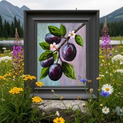Original Plum Oil Painting 8×10″ Canvas Board Fruit Wall Art Kitchen Decor