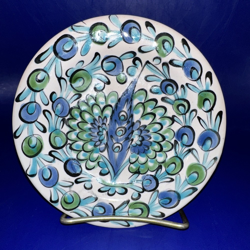 VINTAGE 6” IKAROS POTTERY RHODES GREECE WALL PLATE BLUES GREENS FLORAL FEATHER