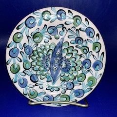 VINTAGE 6” IKAROS POTTERY RHODES GREECE WALL PLATE BLUES GREENS FLORAL FEATHER