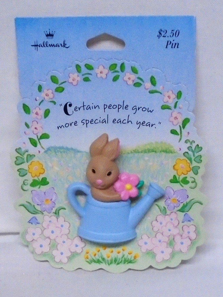 Vintage 1990s Hallmark Easter Spring Lapel Pin Bunny Rabbit in Watering Can