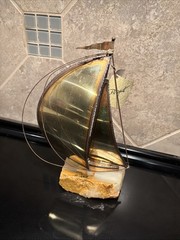 MCM John DeMott 10″ Sail Boat Brass Sculpture, Onyx Base, Signed