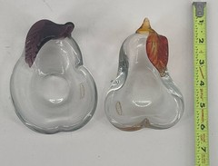 Pair Arte Murano ICET Hand Blown Art Glass Pear Shaped Bowls Dishes Purple Amber