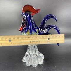 Heavy Art Glass Rooster Chicken Figurine Decor Paperweight Multicolor Glass VTG