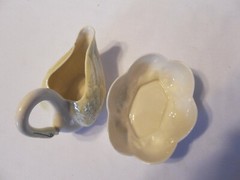 PAIR OF BELLEEK PARIAN CHINA , SWAN CREAMER AND SEA SHELL CANDY OBLONG DISH