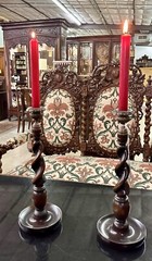 Antique Style LARGE 14″ TALL Carved Wooden Barley Twist Candlesticks with Bronze