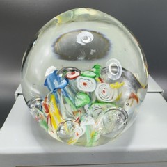Hand Blown Art Glass Paperweight With Large Bubbles Multicolored Millefiori VTG