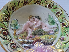 Antique SUNRISE ITALY Cherub Putti Porcelain Hand Painted Relief Trinket Dish 3D
