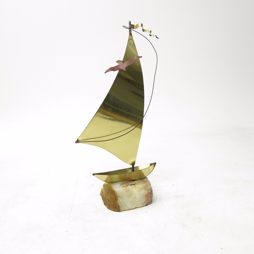 Vtg Mid Century Brass Sailboat Sculpture w/ Bird DeMott Onyx Base Signed