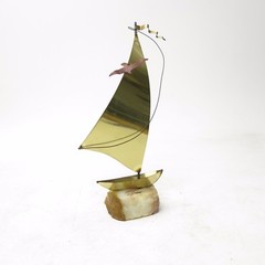 Vtg Mid Century Brass Sailboat Sculpture w/ Bird DeMott Onyx Base Signed