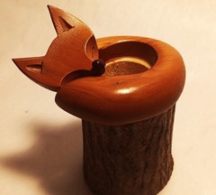 MCM FOX vtg cabin wood carved toothpick holder sculpture natural tree log art
