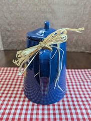 9.5″high BLUE Metal Enamaled Percolator w/SUNFLOWERS-BUTTERFLIES decals x DECOR
