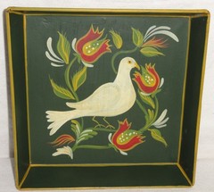 2 Vintage Toleware Metal Pans ~ Signed Folk Art ~ Hand Painted Pa Dutch Birds