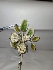 Vintage Toleware Metal Wall Hook W/Cream Roses & Green Leaves Cottagecore 7.5”