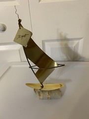 Brass Sailboat 11″ Signed De Mott Sculpture Onyx Base Nautical Ship Sailing