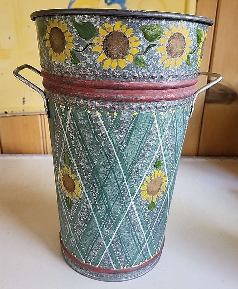 Hand Painted Folk Art Galvanized Metal Bucket Sunflowers Lattice Pattern