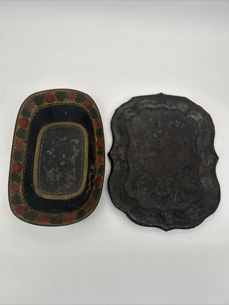 Victorian Antique Toleware Hand Painted Metal Tray & Bowl • Fruit/Foliage