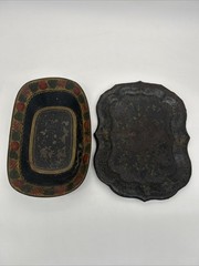 Victorian Antique Toleware Hand Painted Metal Tray & Bowl • Fruit/Foliage