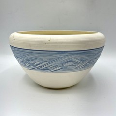 Signed Pottery Bowl Cream Stoneware w/ Blue Slip Woven Band In Coastal Style