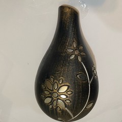 Distressed Black Carved Wood Vase with Silver Metal Floral Inlay Artisan Decor