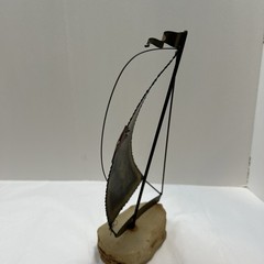 DeMott Brass Sailboat Sculpture Quartz Stone Base Signed MCM Brutalist 9 1/2”