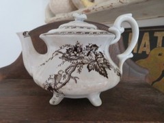 2 Vintage WHITE BROWN Transferware PLATES & TEAPOT Birds & Branches CRAZING