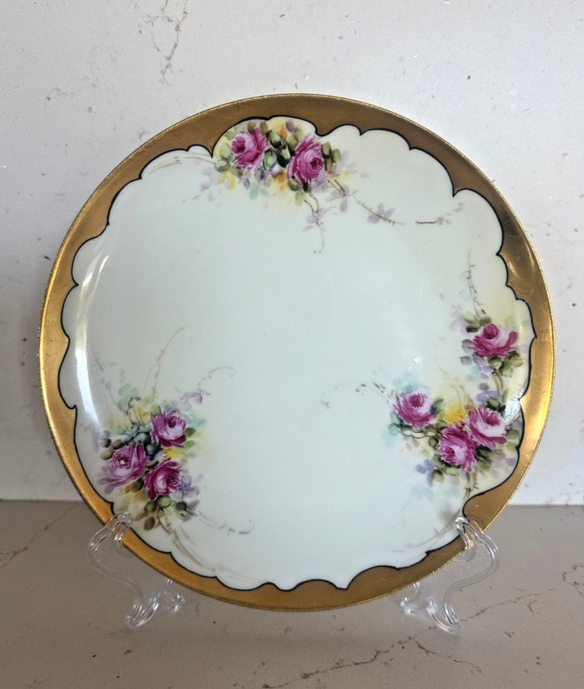 ANTIQUE Pink Roses Porcelain CABINET PLATE Haviland France HEAVY GOLD 7.5 in
