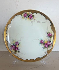 ANTIQUE Pink Roses Porcelain CABINET PLATE Haviland France HEAVY GOLD 7.5 in