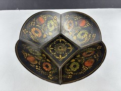 Vintage Metal Stenciled Tole Painted Bread Bowl 11″ x 11″ x 3″ High ~ Colorful