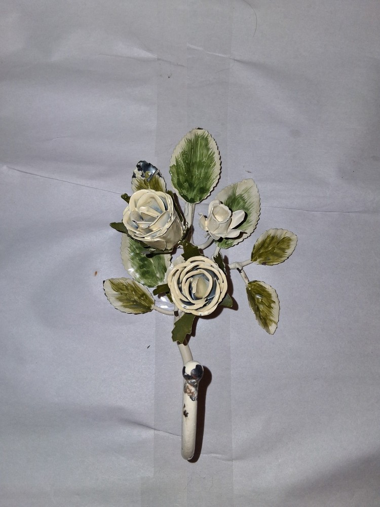 Vintage Toleware Metal Wall Hook W/Cream Roses & Green Leaves Cottagecore 7.5”