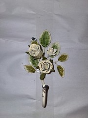 Vintage Toleware Metal Wall Hook W/Cream Roses & Green Leaves Cottagecore 7.5”