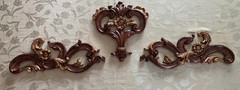 Vintage Set 3 Wall Appliques Plaques Rococo Scroll Hollywood Regency Brown Gold