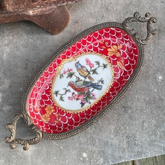 9″ Wong Lee Porcelain Oval Dish Hand Paint Brass Handles Floral Birds Modern