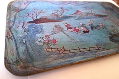 Japanese Lacquer Tray Paper Mache Asian Chinoiserie Scene Figural, Pagoda