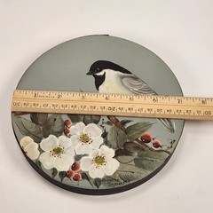 2 VTG Hand Painted Round Wood Lid Dogwood Berries Chickadee Bird Farmhouse Decor