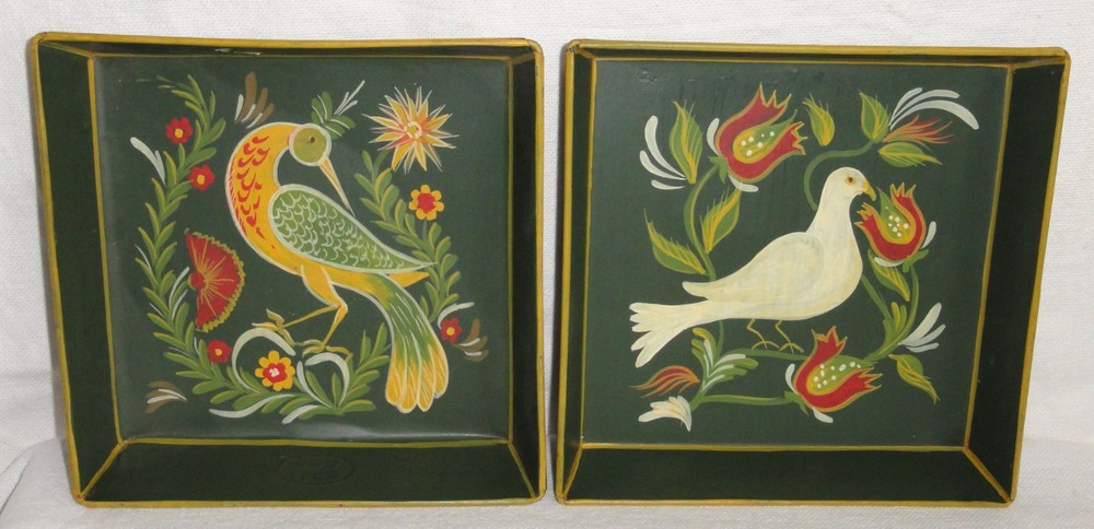 2 Vintage Toleware Metal Pans ~ Signed Folk Art ~ Hand Painted Pa Dutch Birds