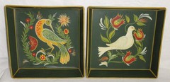 2 Vintage Toleware Metal Pans ~ Signed Folk Art ~ Hand Painted Pa Dutch Birds