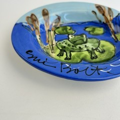 Sue Bolt Hand Painted Small Art Plate Trinket Dish Bowl Frog Decor Signed Vtg