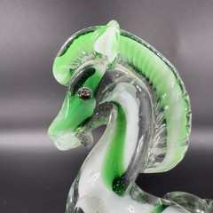 Hand Blown Art Glass Horse Figurine Paperweight Hand Made Glass Green White VTG