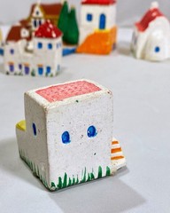 Ceramic Mini Greek Village (8) Houses Church Boat Handmade Hand-Painted