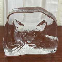 Vintage Reverse Carved Art Glass Cat Home Decor Heavy Glass Piece Clear Glass