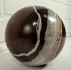 Large Zebra Jasper Sphere, Iron Red Banded Stone Orb.