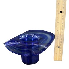 1980s Art Glass Hat Shaped Dish Bowl Clear Cobalt Blue Swirls Folded Edges VTG