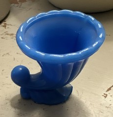 Akro Agate Horn of Plenty Cornucopia Slag Glass Toothpick Holder Blue 3”