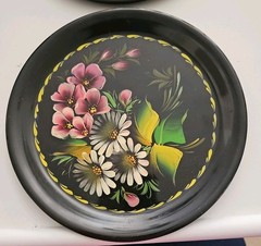 2 VINTAGE Russian Black Tole Ware Metal Trays Floral Hand Painted 7” EUC
