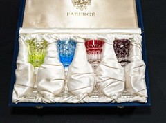 Faberge Na Zdorovye Crystal Colored Cordial Glasses 5 3/4″ H x 2″ at rim NIB