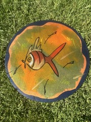 Kakadu Reut Shahar Signed Painted Wood Wall Art Mat Israel Fish 15″ Round