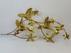 Vintage Metal Art Wall Hanging Hummingbirds Flowers Branches Brass Birds MCM
