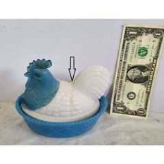 Vtg. Westmoreland Blue and White Milk Glass Hen on Nest covered dish – REPAIRED