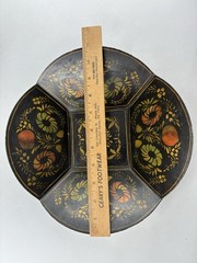 Vintage Metal Stenciled Tole Painted Bread Bowl 11″ x 11″ x 3″ High ~ Colorful