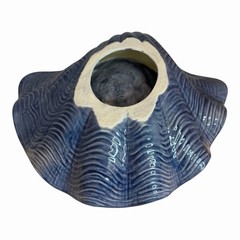 VTG Blue Ceramic Clam Shell Dish Bowl Hollywood Regency 11in Heavy USA Signed